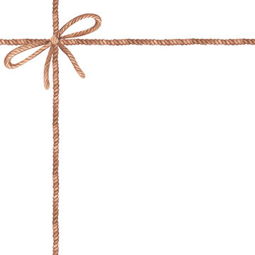 Rope twine Frame Border. Watercolor illustration of vintage square Card template. Painting on white isolated background. Jute ribbon with bow on corner of gift box. Hemp string for present packaging