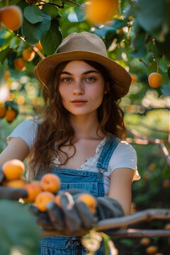 female farmer close-up harvests apricots