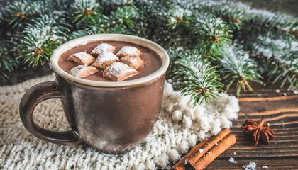 Obraz na płótnie Canvas cup of hot cocoa or hot chocolate on knitted background with fir tree and snow effect traditional beverage for winter time