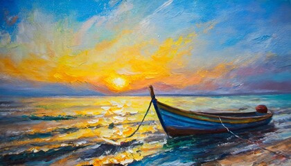 oil painting boat on the sea art impressionism colorful sunset