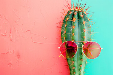 A cactus wearing sunglasses and pink glasses. The cactus is in a blue pot. The image has a fun and playful mood. Banner in a pink blue background.