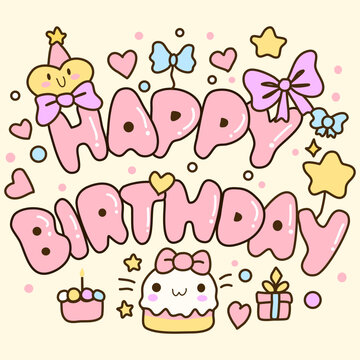 happy birthday typography with cake and bow decorate cute hand drawn style