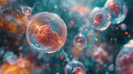 A creative metaphorical visualization of the cellular division and specialization within a human embryo focuses on the moment when the cells start to assume their roles