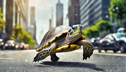 turtle running extremely fast on busy city street illustration