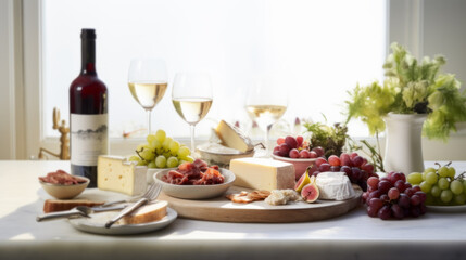 Cheese Platter with Grapes and White Wine - obrazy, fototapety, plakaty