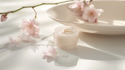 Spa Skincare Cream Aging still life featuring white pink flowers, rose petals, beauty creams, aromatherapy candles, and wellness bottles, Cosmetic Packaging Visual Concept