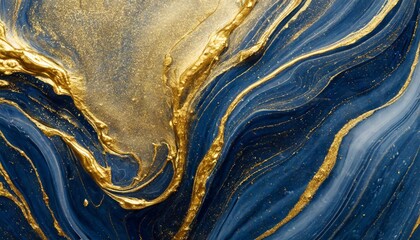 liquid swirls in navy blue colors with gold powder luxurious design wallpaper - obrazy, fototapety, plakaty
