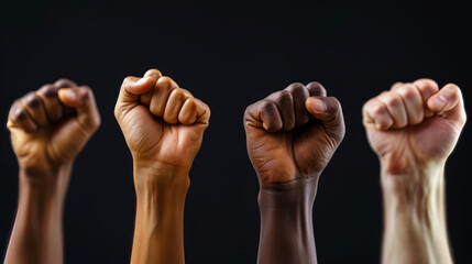 Multiple Fists Raised in Unity on Black - obrazy, fototapety, plakaty