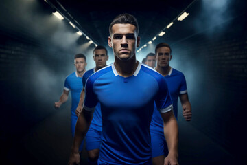 mens soccer football players pre or post match shot entering or leaving the stadium tunnel before or after a match as dramatic tension builds from the result of the league cup tournament game