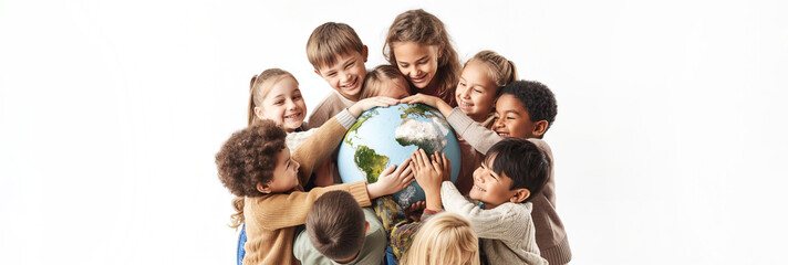 The Earth surrounded by children on a white background. The concept of Earth Day.