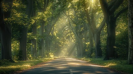 A small road, with tall plane trees on both sides, dark green leaves, sunlight shining down from...