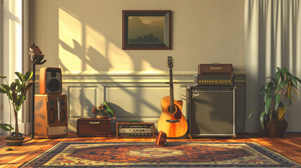A guitar and a speaker are in a room with a rug