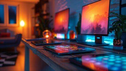 An array of tablets, each showing a different app, arranged artistically on a minimalist desk with soft, ambient lighting