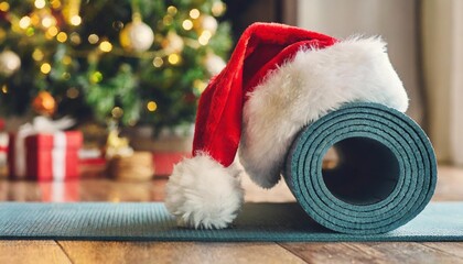 Obraz na płótnie Canvas close up of yoga mat with santa clause hat with home decorated for christmas new year healthy lifestyle weight loss new year s resolution