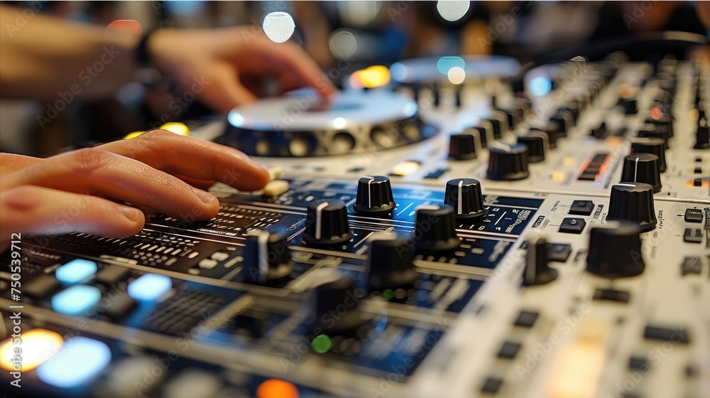 Poster closeup of dj hand adjusting sound levels on mixer. generative ai.