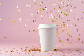 Festive Gold-Sprinkled White Takeaway Cup Mockup on Pastel Pink with Confetti.