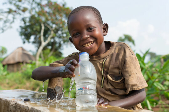 a happy african child filling a water bottle from a newly installed fresh water well. Generative ai