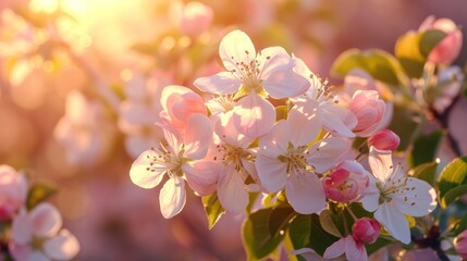 Fototapeta premium Spring design of blossoming fruit trees with beautiful branches of flowers. spring summer background with bright beautiful flowers