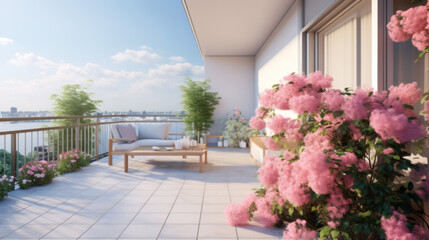 Fototapeta premium Beautiful wooden terrace with garden furniture surrounded by greenery and flowers
