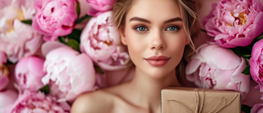 Close up of portrait of woman on peonies flowers background. Pretty, beautiful ladies face. Beauty, floral mock up for female shops, cosmetic, care, spa. Generative ai