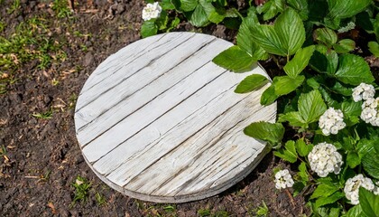 a wooden circular sign painted in white lays on the ground for a garden decoration