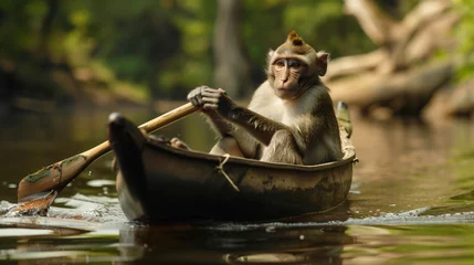 Zelfklevend Fotobehang A monkey rowing a canoe © Cybonad