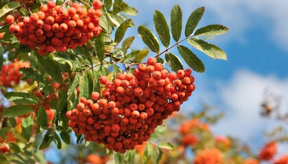 rowan tree with many bunches of red berries at autumn day against blue sky