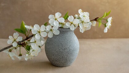 still life photo of a long branch of white cherry blossoms floral arrangement in a small round grey stone vase warm washed out sand color background with space for copy text