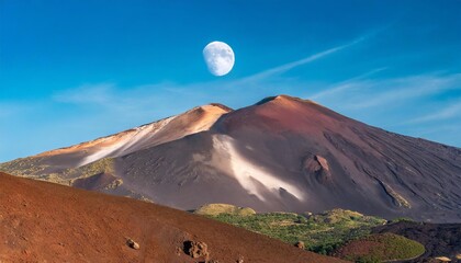 moon above the crater of mount etna a martian landscape on the earth sicily italy europe - obrazy, fototapety, plakaty