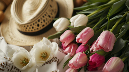 Spring design with hat and flowers. spring summer background with bright beautiful flowers