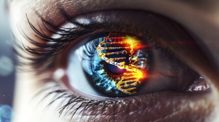 macro female eye with reflection of DNA spiral with orange glow, concept science week