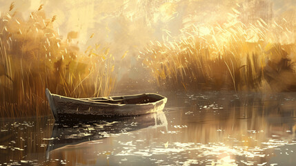 A painting of a boat on a lake with reeds. - obrazy, fototapety, plakaty