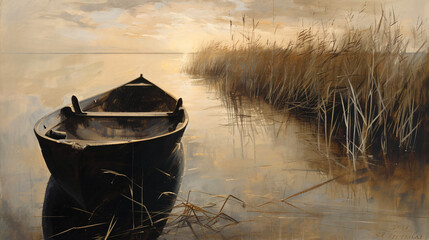 A painting of a boat on a lake with reeds.