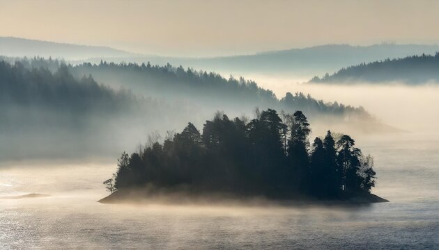 silhouette of a forested island in the fog panoramic image