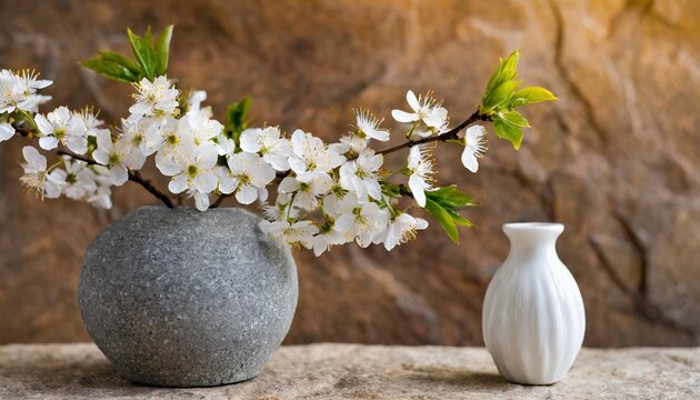 still life photo of a long branch of white cherry blossoms floral arrangement in a small round grey stone vase with an empty white vase next to it warm stone background with space for copy text