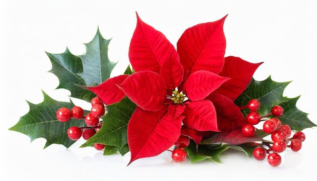 christmas poinsettia and holly red berries isolated on white background