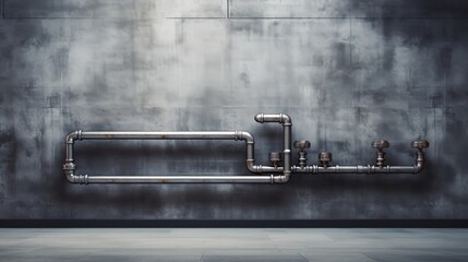 Metallic shine of steam pipes on the wall, against cool gray concrete, gas pipe industrial concept