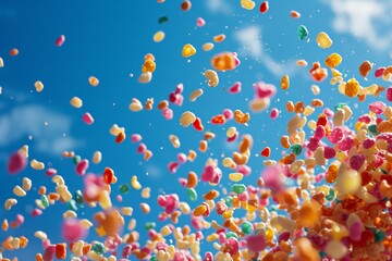 Fototapeta na wymiar Colorful Confetti Shower in the Blue Sky with Clouds Background for Celebration and Festive Events