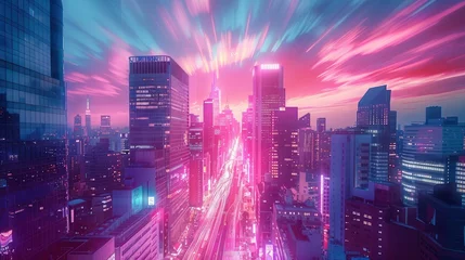 Fotobehang Skyscrapers brush against a sky glowing with the neon-pink. Generative AI. © visoot