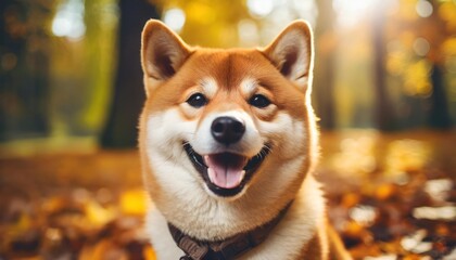 captivating portrait of a smiling shiba inu dog in a cozy yellow orange environment