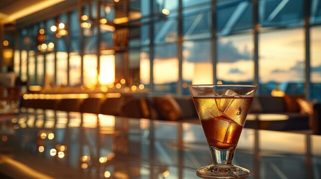 Luxurious cocktail glass on table, set against the backdrop of an upscale airport VIP lounge. Generative AI.