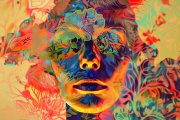 Fototapeta premium Vibrant Psychedelic Portrait of a Woman's Face with Floral Pattern Overlay