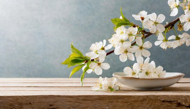 clean japanese still life with a branch of cherry blossoms on a wooden table and light background
