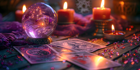 a wooden table and white candle with a crystal ball and tarot cards on dark background, 