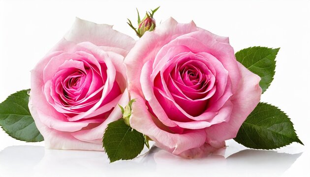 two beautiful pink rose flowers in full bloom and buds isolated over a transparent background design element for valentine s day or fragrance cosmetics essential oil themed layouts