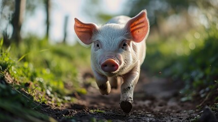 Cute baby pig on grassy field