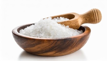 Fototapeta na wymiar sea salt in wooden bowl with wooden scoop isolated on white