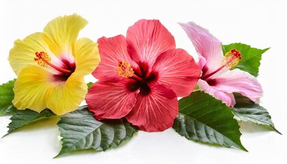 collection of colored hibiscus flowers with leaves isolated on white background