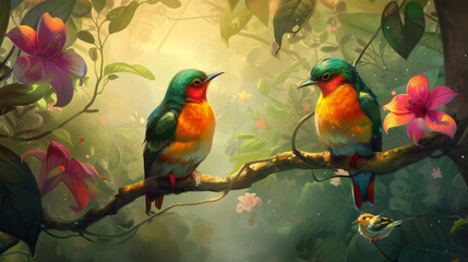 A painting of two colorful birds sitting on a branch - Powered by Adobe