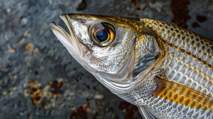 A detailed close-up of a mullet fish on a dark, textured background, highlighting the unique physical characteristics of the fish - its sleek body, shiny scales, and distinctive fin structure.